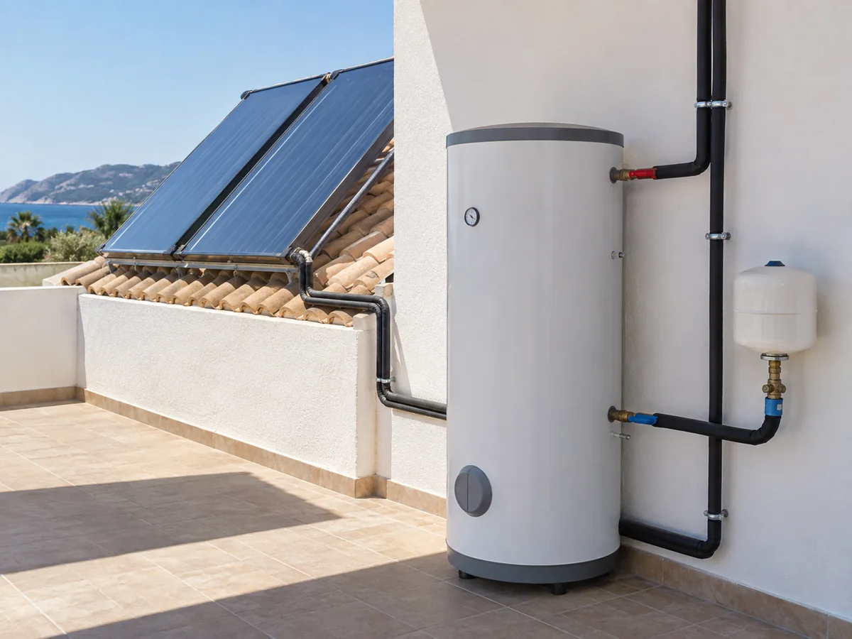 Acumulador de la instalación solar térmica · Imagen ilustrativa generada con IA