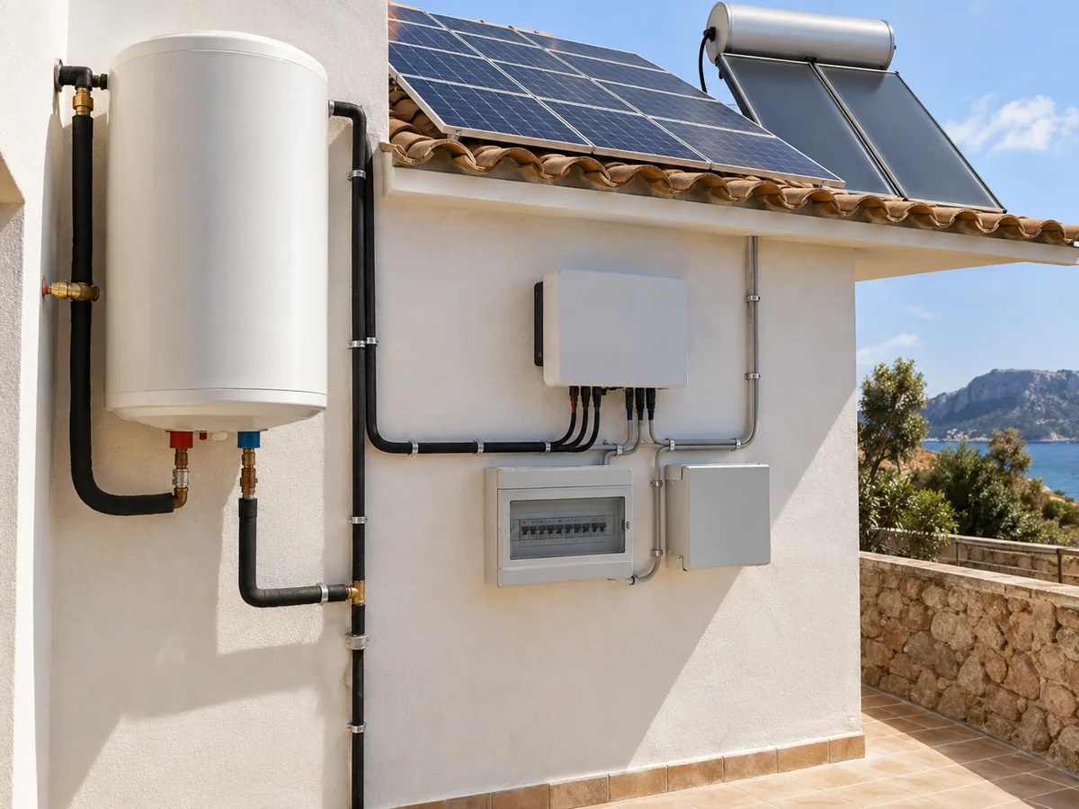 Equipos y protecciones de una instalación solar · Imagen ilustrativa generada con IA